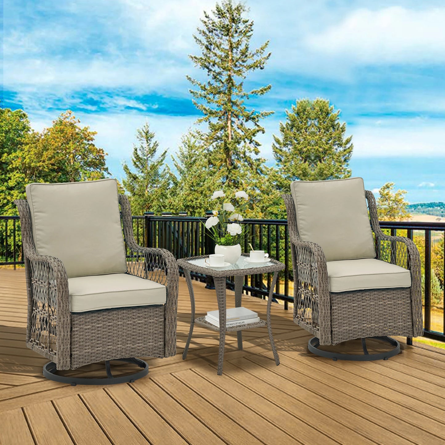 HobbyLane 3 Piece Outdoor Wicker Swivel Chair Set With Rattan Side Table