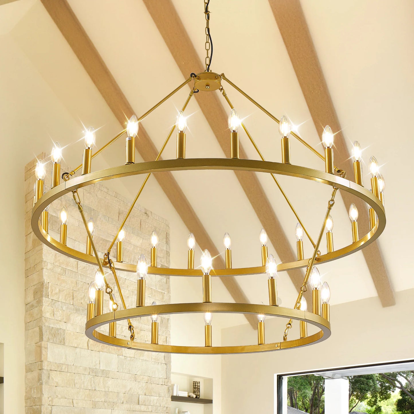 Wagon Wheel Chandelier Farmhouse Pendant Light 2 Tier 36 Lights