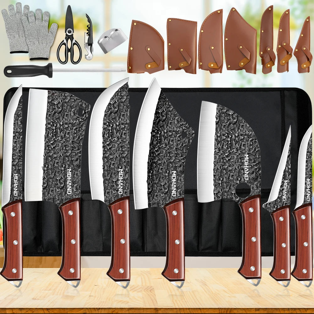 ZENG Kitchen Knives Set With Cleaver Boning Fillet Hand Forged Blade Sharpener