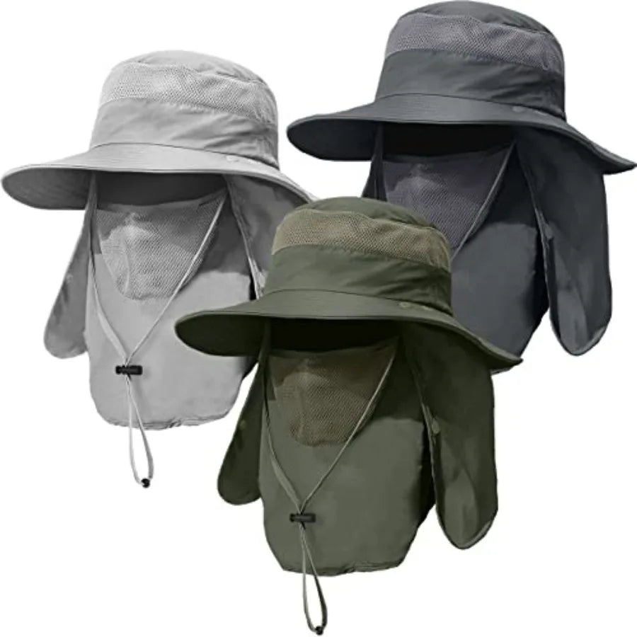 3 Pack Mens Outdoor Wide Brim Hat With Face Neck Flap UPF 50 Plus