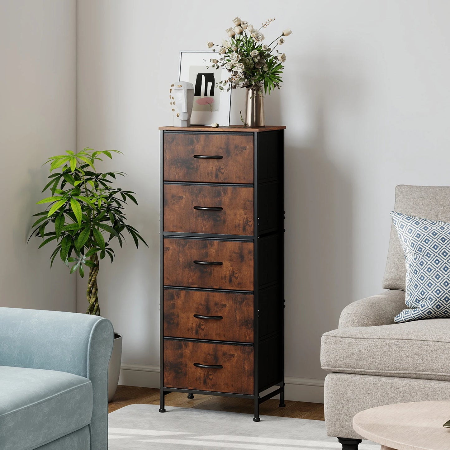 JHK 5 Drawer Dresser With Steel Frame For Bedroom Wardrobe