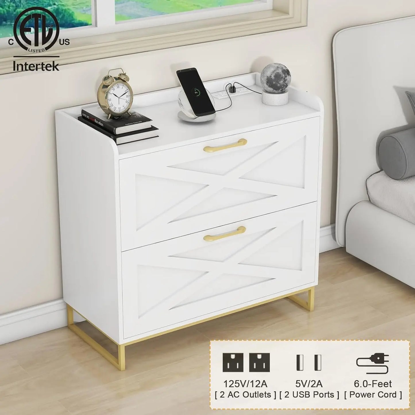 2-Drawer Lateral File Cabinet With Charging Station For Office Files