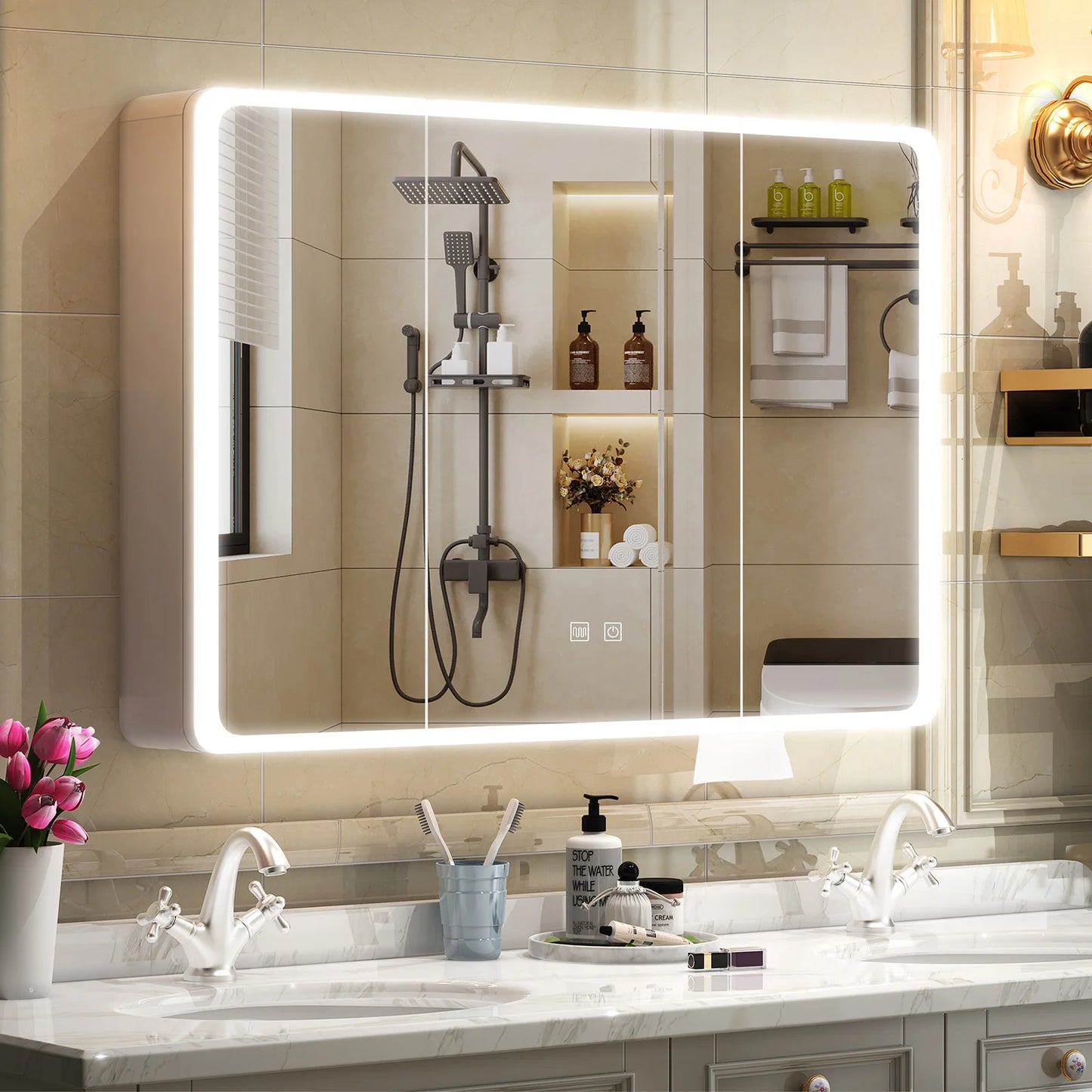 Onesaimei LED Bathroom Mirror Medicine Cabinet With Lights 2 Doors