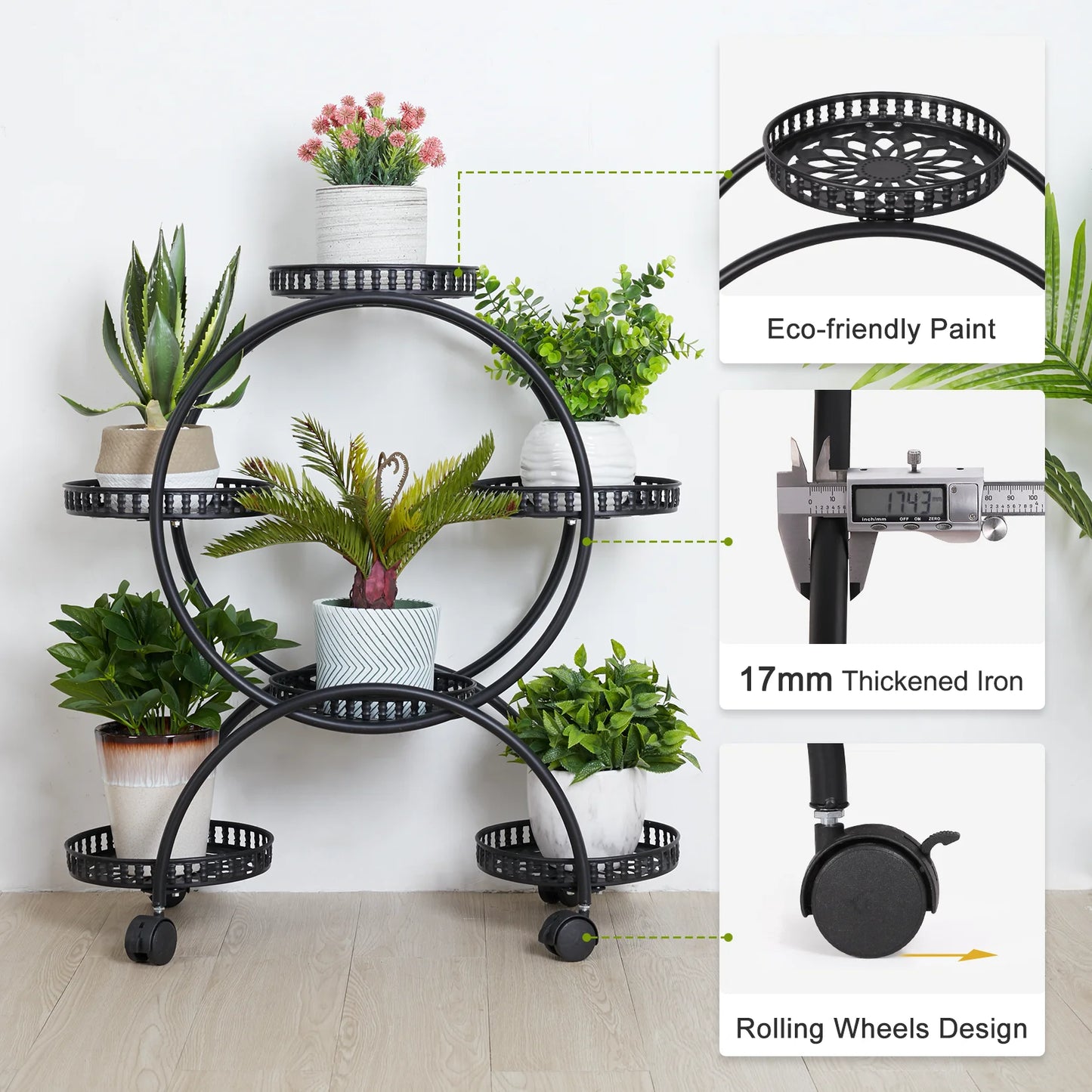 Six Pot Metal Plant Stand Garden Cart With Wheels Patio