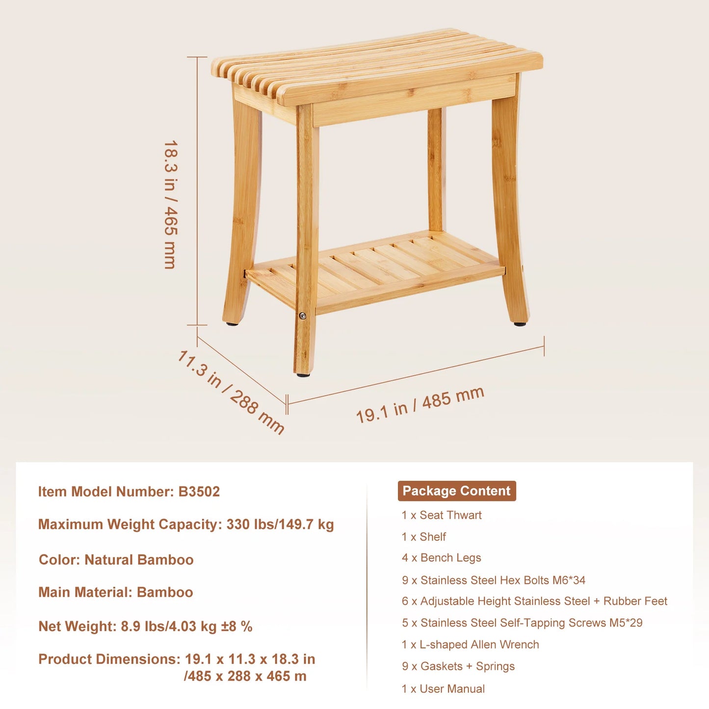 SucceBuy Bamboo Shower Bench With Storage Shelf 330 Lbs Capacity