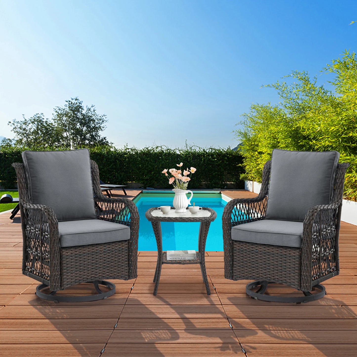 HobbyLane 3 Piece Outdoor Wicker Swivel Chair Set With Rattan Side Table