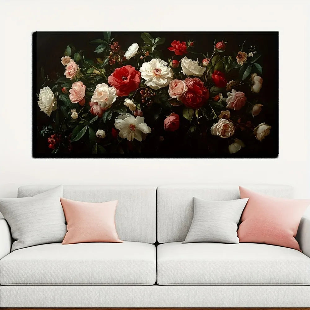 Victorian Floral Canvas Art in Pine Frame for Modern Decor
