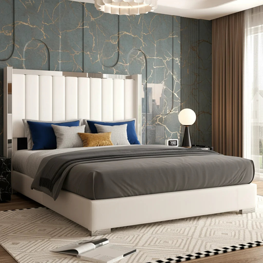 Velvet Platform Bed With Wingback Headboard Upholstered No Box Spring
