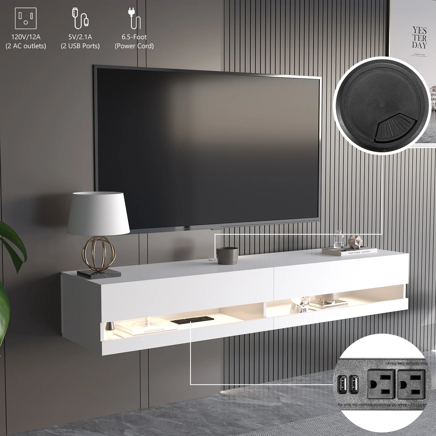 QiaoShiRen Floating TV Stand With Wall Mount And Power Outlets