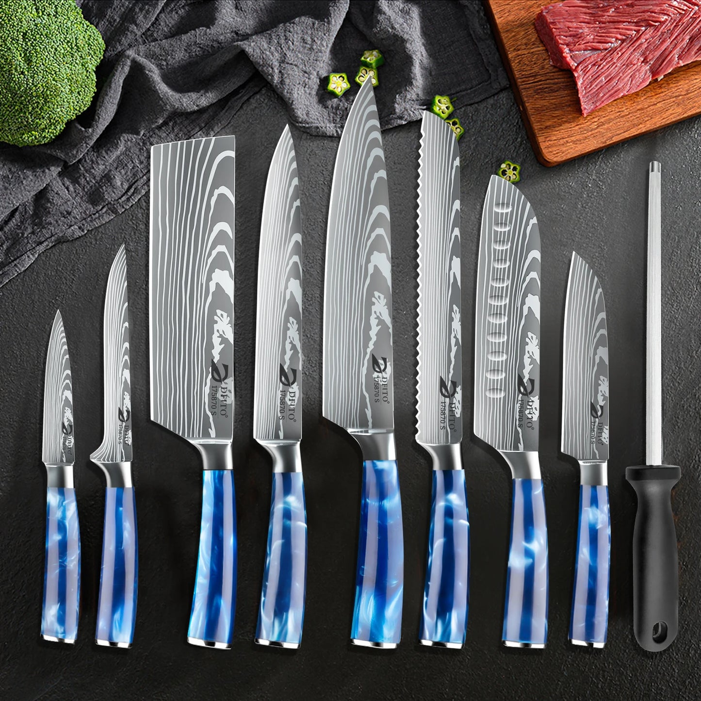 ZENG 8 Piece Chef Knife Set with Cover Santoku Knives