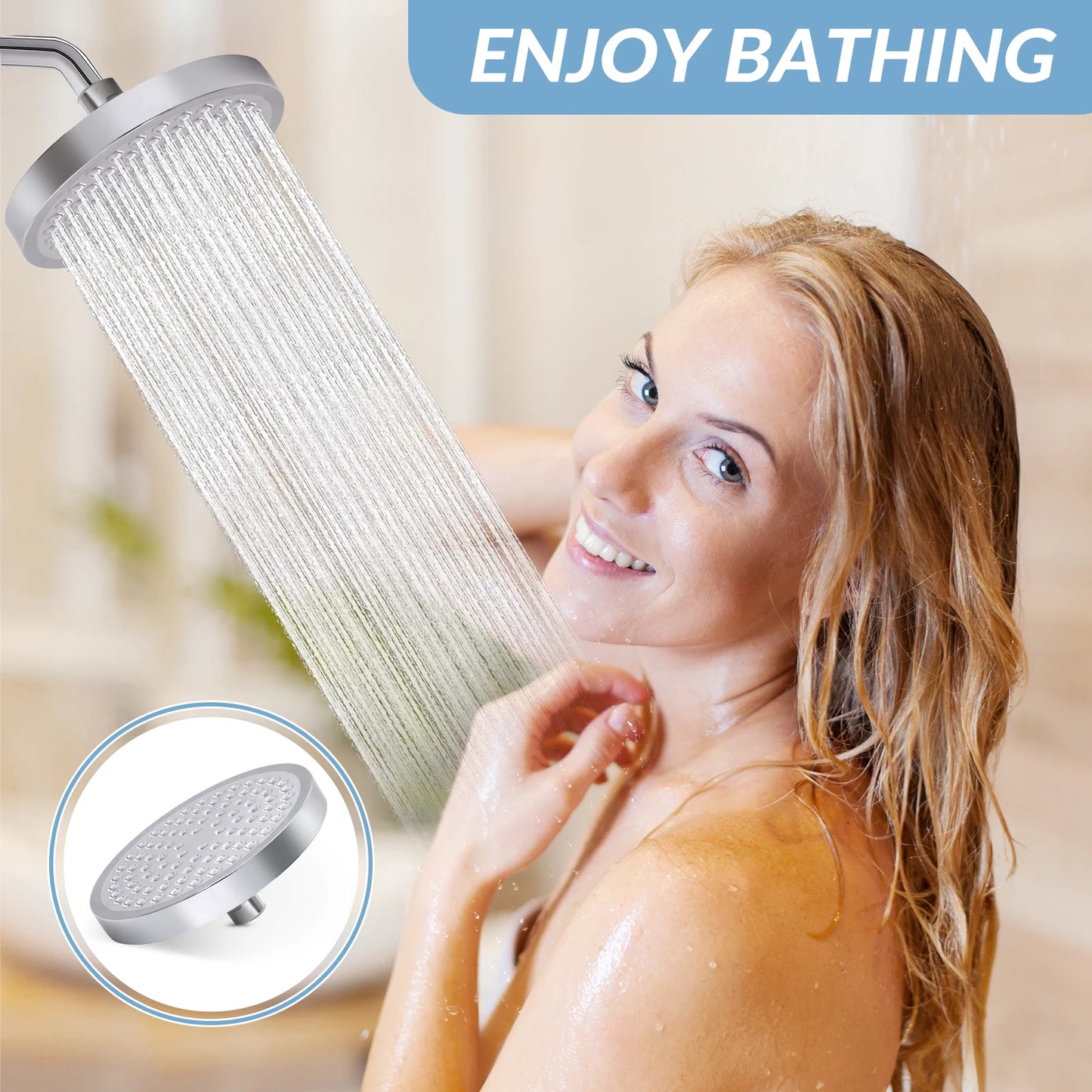 Stainless Steel 6 Inch Rain Shower Head Wall Mount Adjustable High Pressure