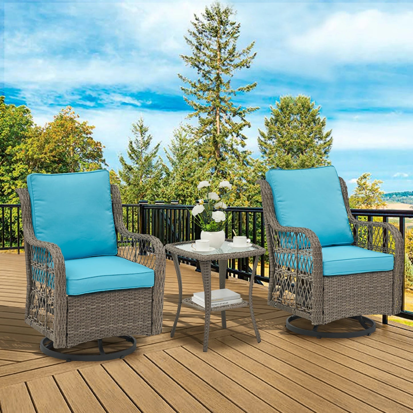 HobbyLane 3 Piece Outdoor Wicker Swivel Chair Set With Rattan Side Table