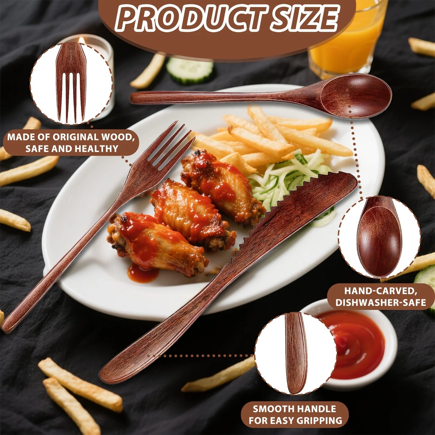 Wooden Utensils Set Spoon Fork Knife Flatware Kitchen Tableware