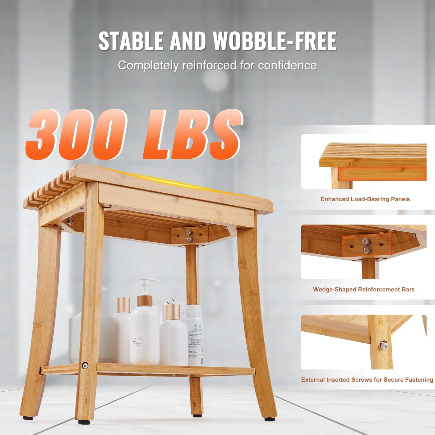 SucceBuy Bamboo Shower Bench With Storage Shelf 330 Lbs Capacity