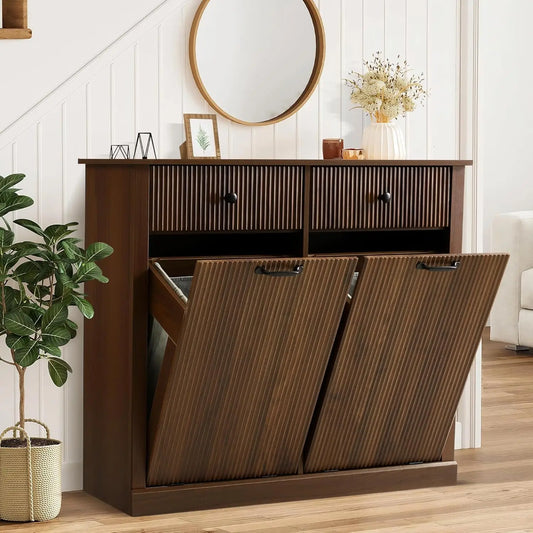 Tilt Out Fluted Laundry Hamper Cabinet Double Hidden Wooden Customized