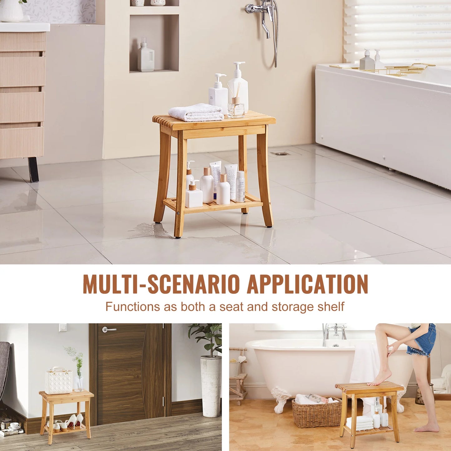 SucceBuy Bamboo Shower Bench With Storage Shelf 330 Lbs Capacity