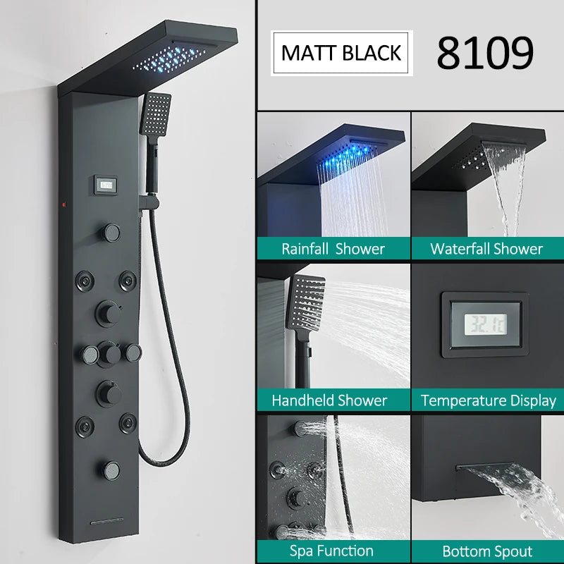 Quyanre LED Shower Panel Tower System With Rain Massage Jets