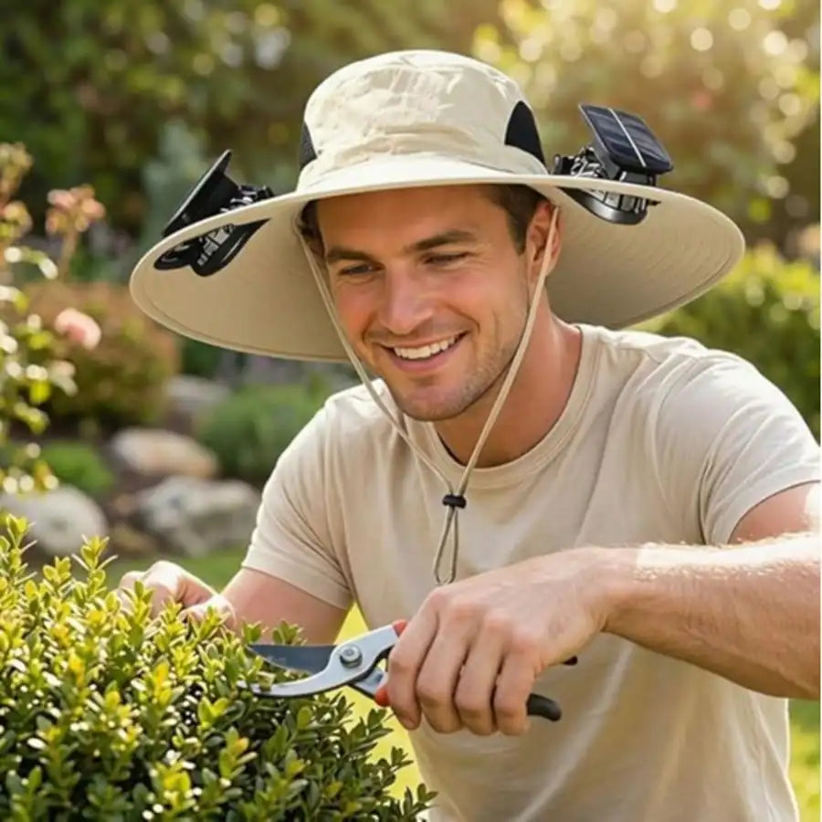 Wide Brim Solar Fan Hat With Built In Dual Fans For Outdoors