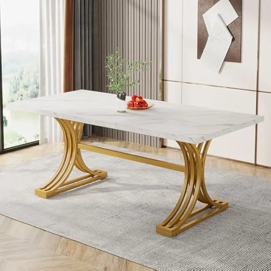 Little Tree Dining Table Faux Marble Top Metal Legs