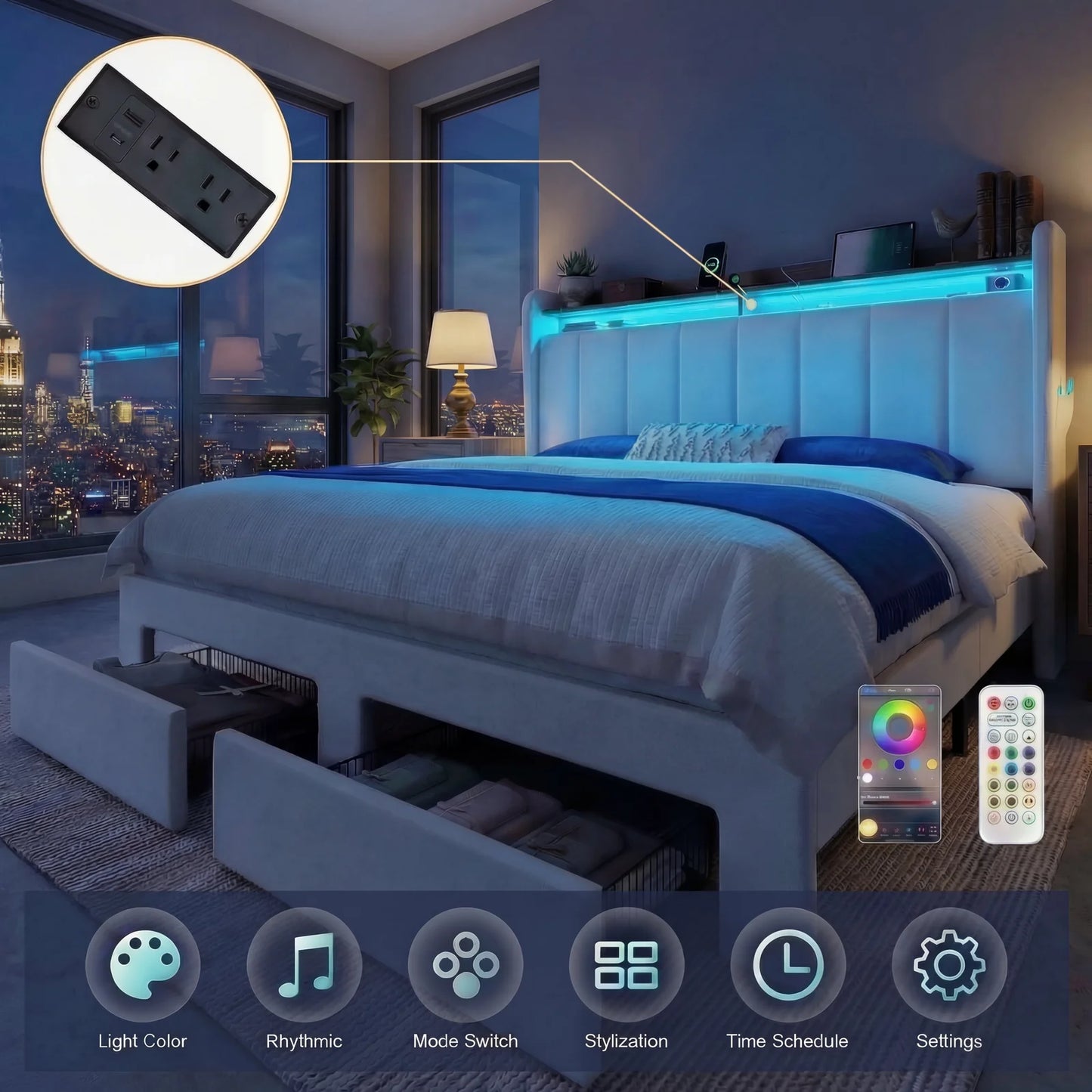 HOOMIC Bed Frame With Storage Drawers And LED Lighting