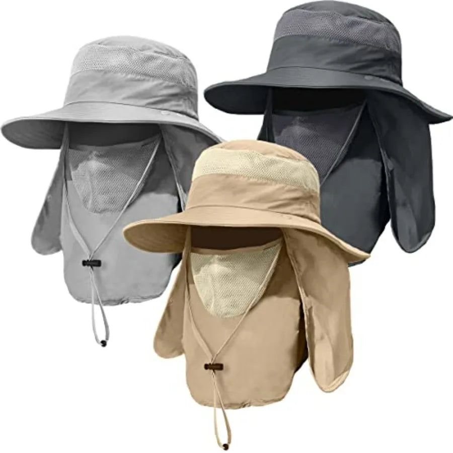 3 Pack Mens Outdoor Wide Brim Hat With Face Neck Flap UPF 50 Plus