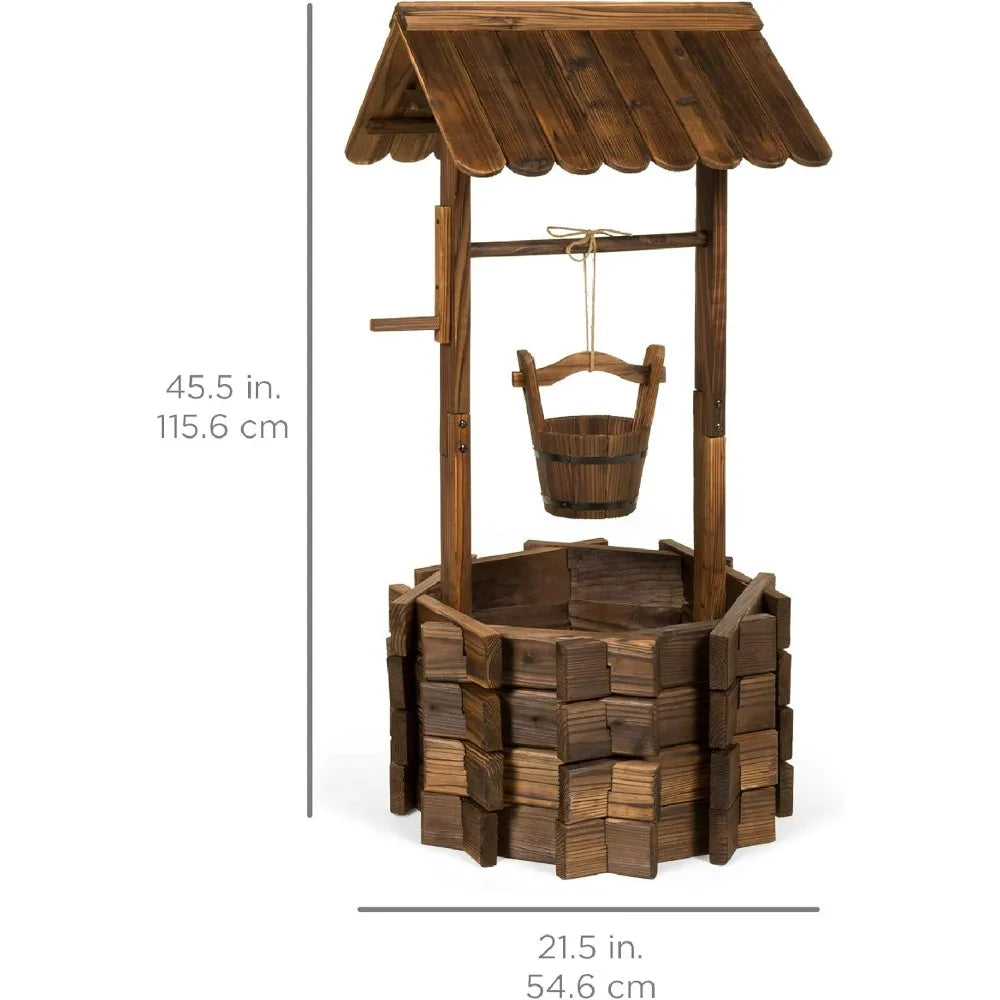 Rustic Wooden Wishing Well Planter for Patio Garden Outdoor Decor