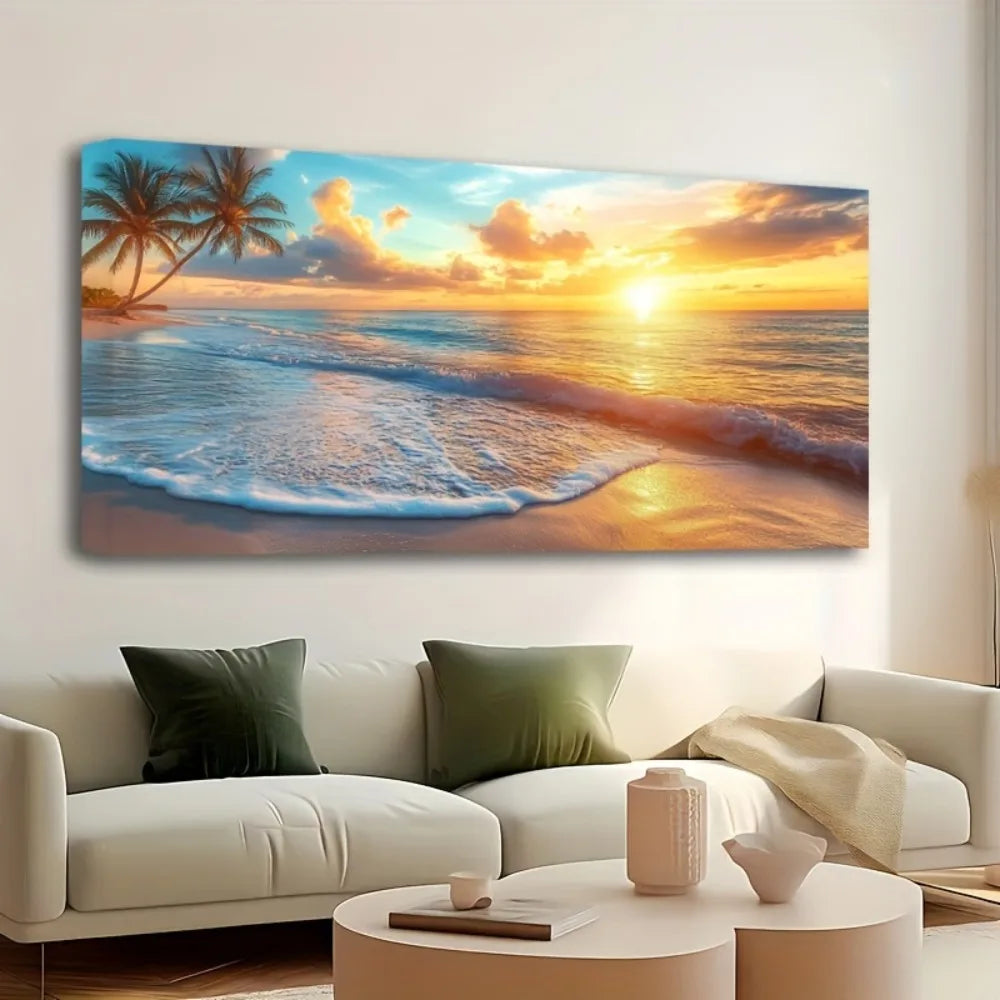 Natural Ocean Sunset Canvas Wall Art In Pine Frame