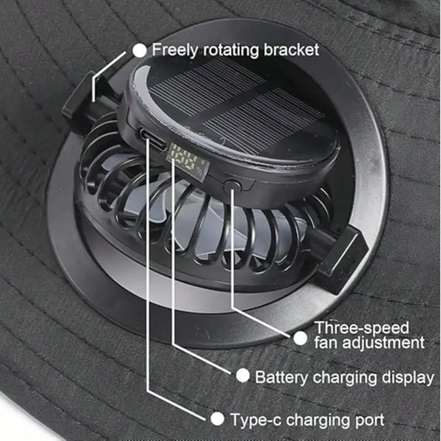 Wide Brim Solar Fan Hat With Built In Dual Fans For Outdoors