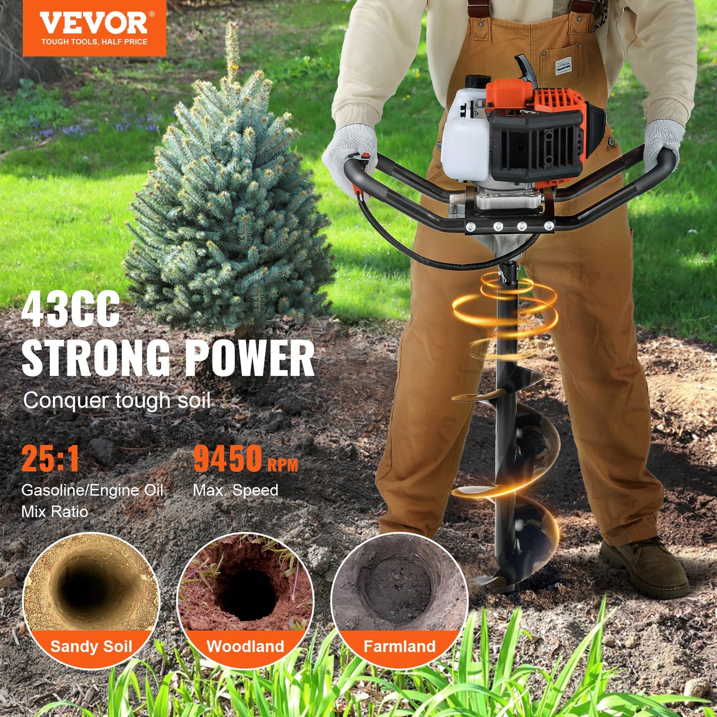 SucceBuy Gas Powered Post Hole Digger 43cc Earth Auger