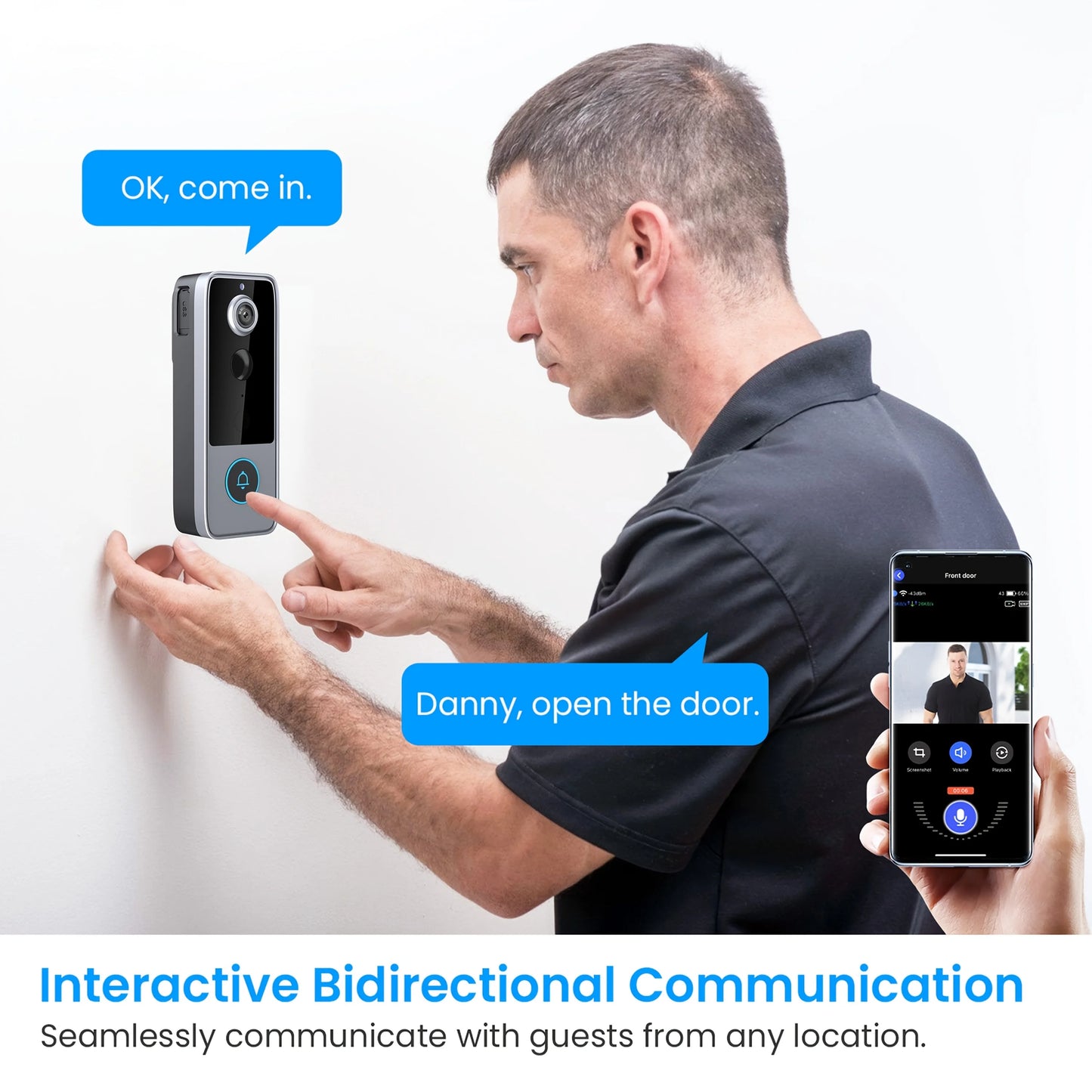 Wireless Smart Video Doorbell 1080P Battery Powered IP65 Outdoor