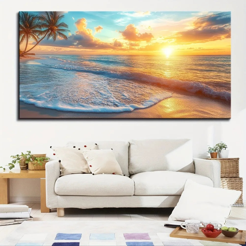 Natural Ocean Sunset Canvas Wall Art In Pine Frame