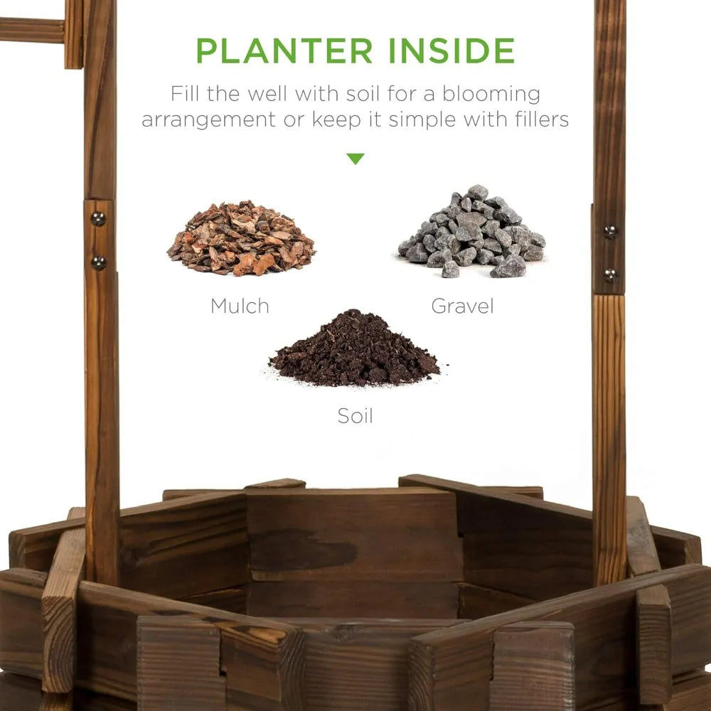 Rustic Wooden Wishing Well Planter for Patio Garden Outdoor Decor