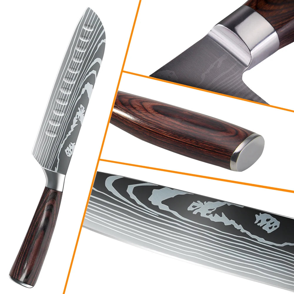 MDHAND 8 Piece Chef Knife Set Stainless Steel Damascus Pattern