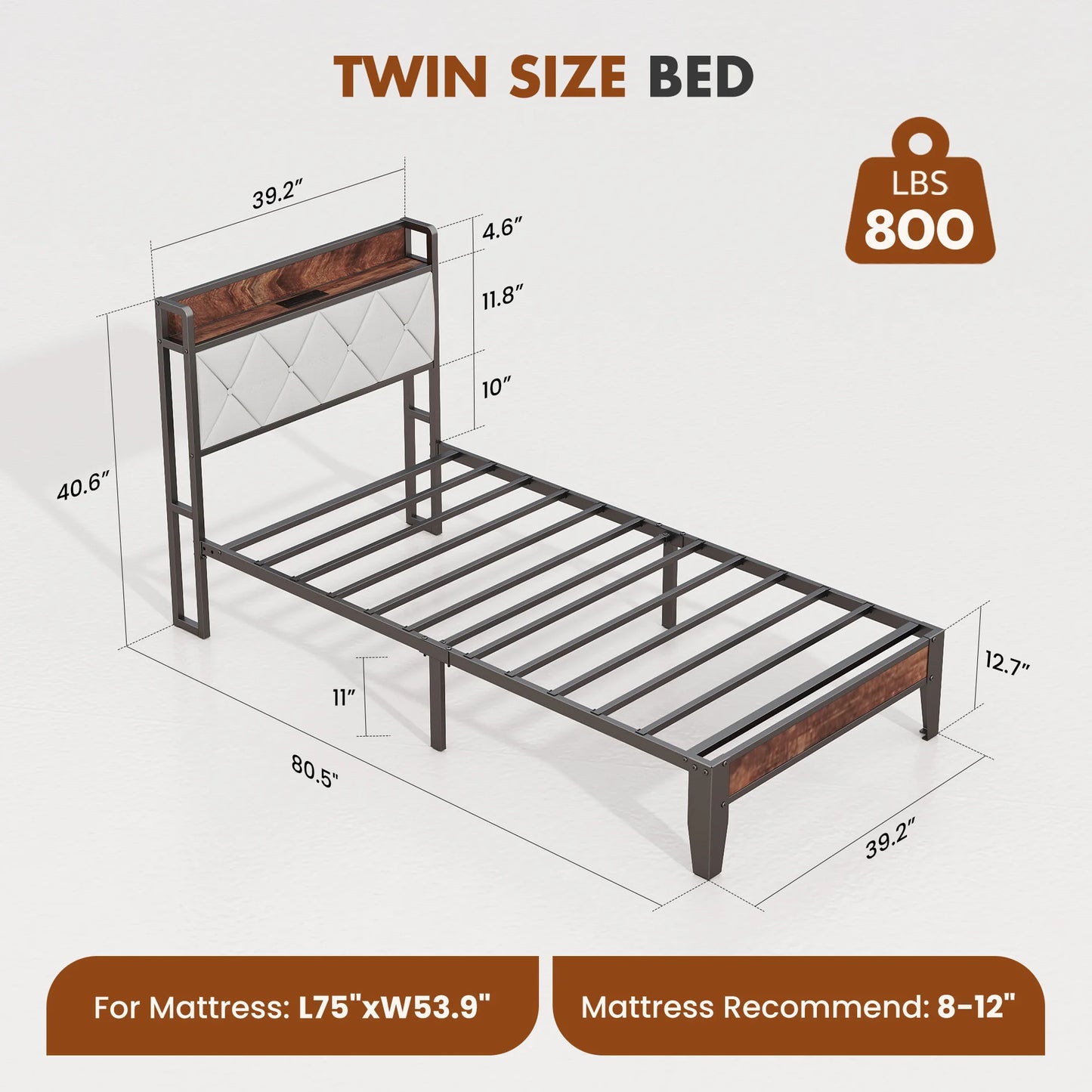 JHK Heavy Duty Metal Bed Frame With Headboard Charging Station 1100lbs Capacity
