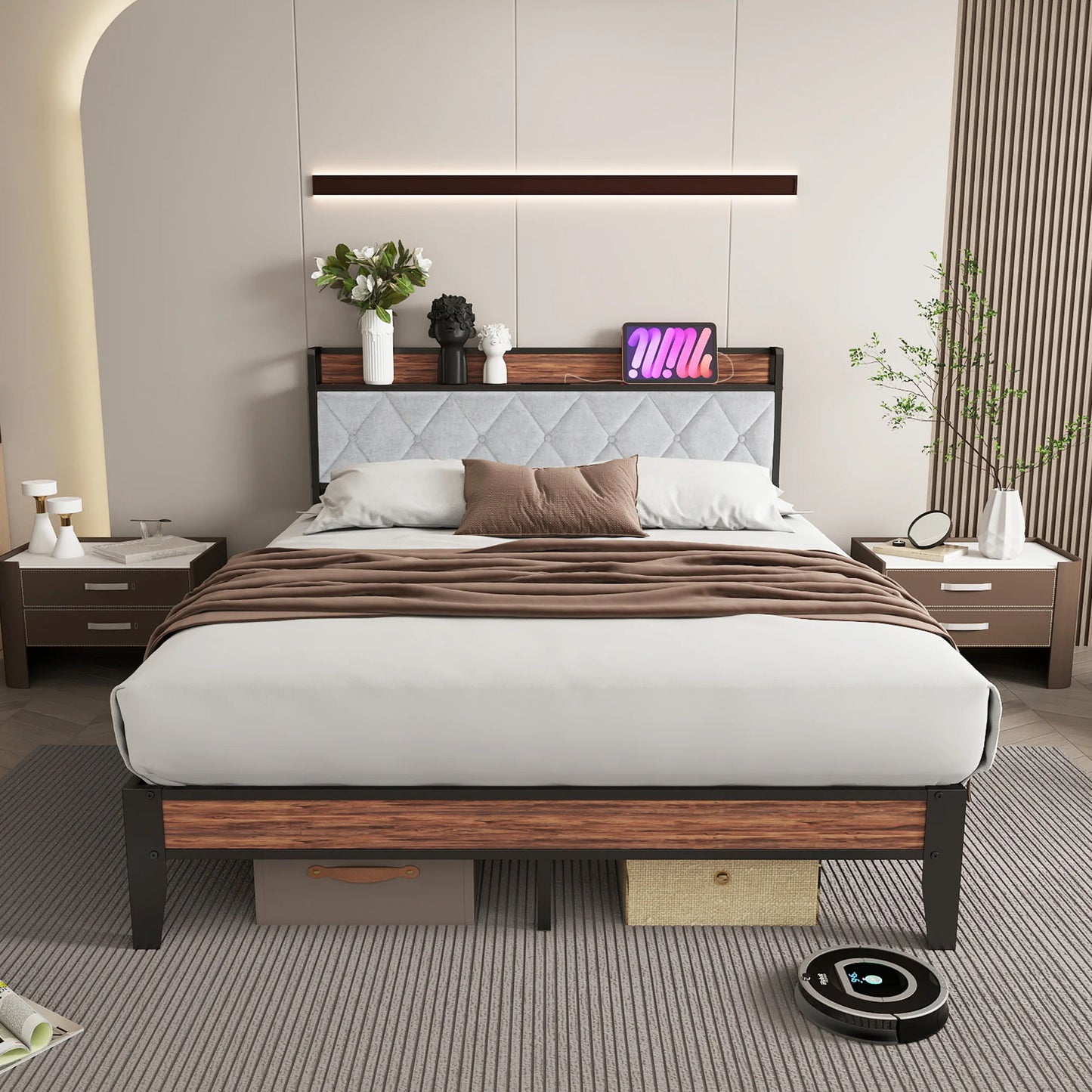 JHK Heavy Duty Metal Bed Frame With Headboard Charging Station 1100lbs Capacity