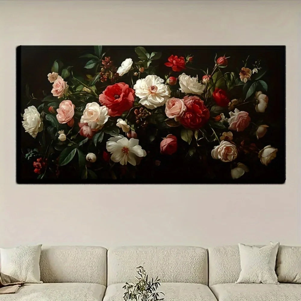 Victorian Floral Canvas Art in Pine Frame for Modern Decor