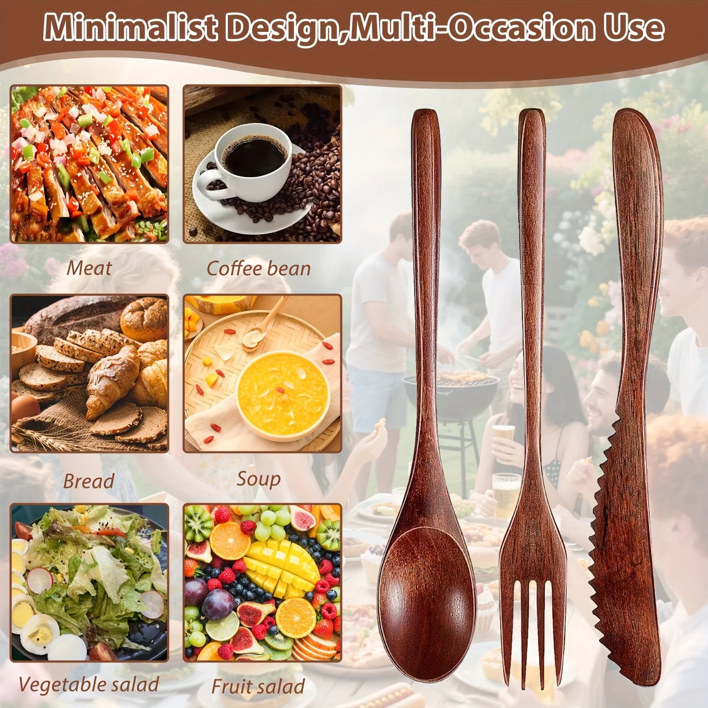 Wooden Utensils Set Spoon Fork Knife Flatware Kitchen Tableware