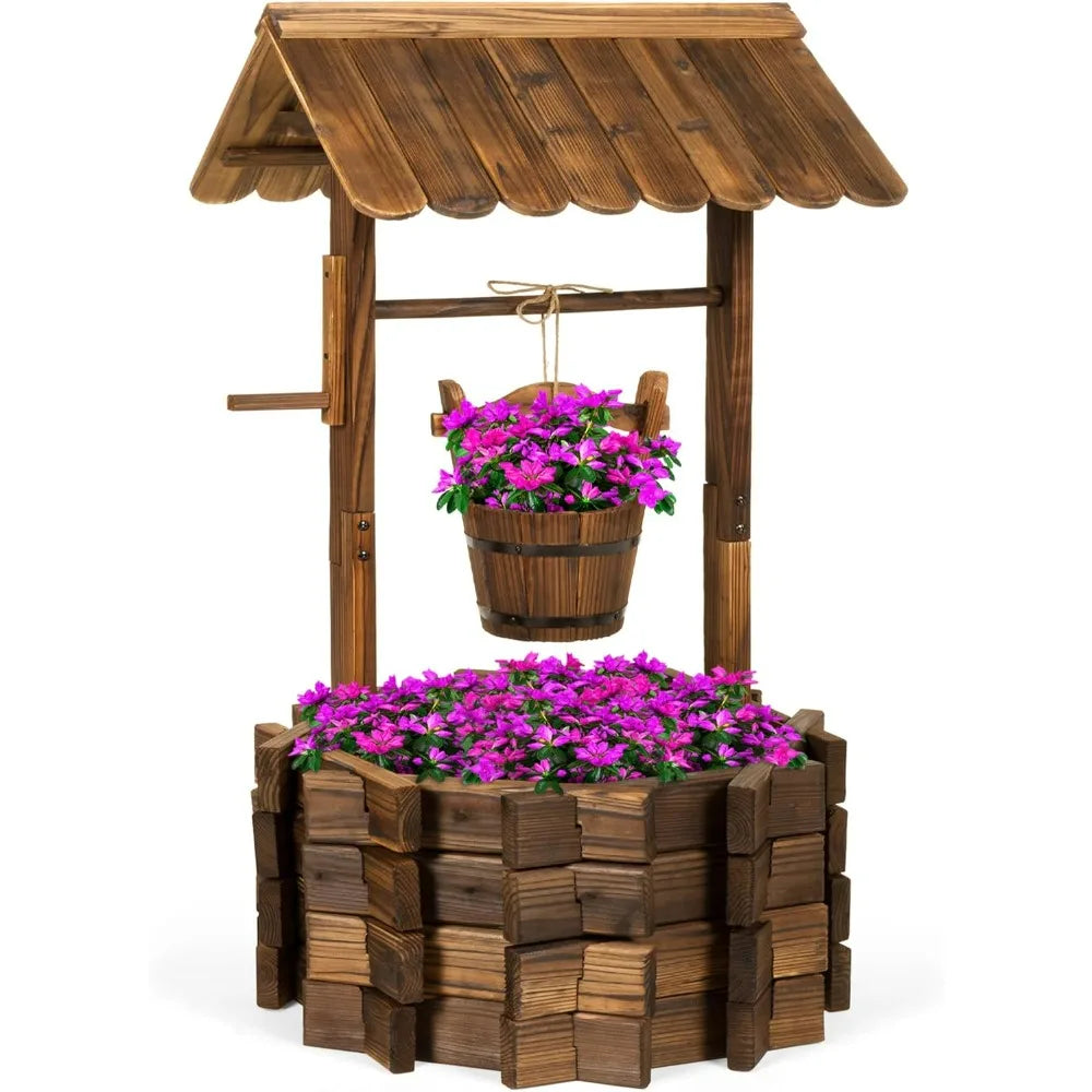 Rustic Wooden Wishing Well Planter for Patio Garden Outdoor Decor