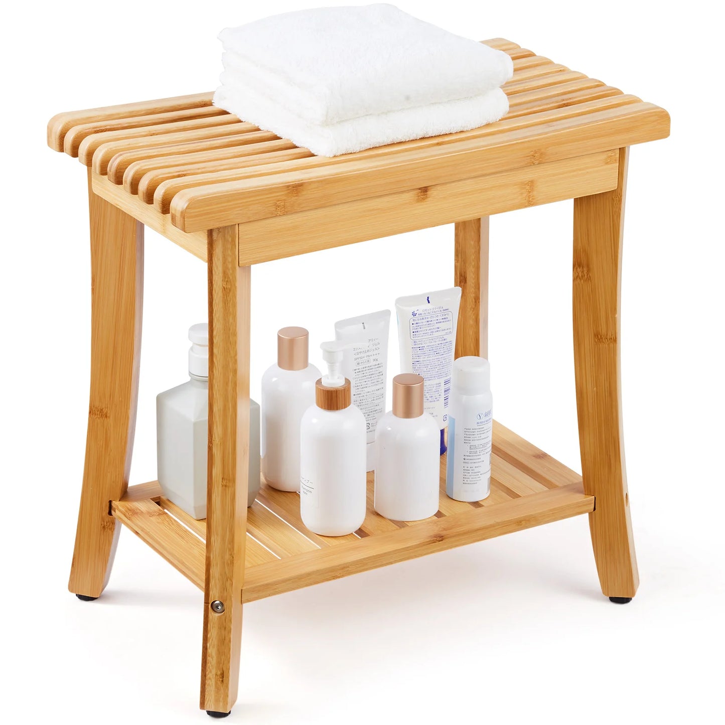 SucceBuy Bamboo Shower Bench With Storage Shelf 330 Lbs Capacity