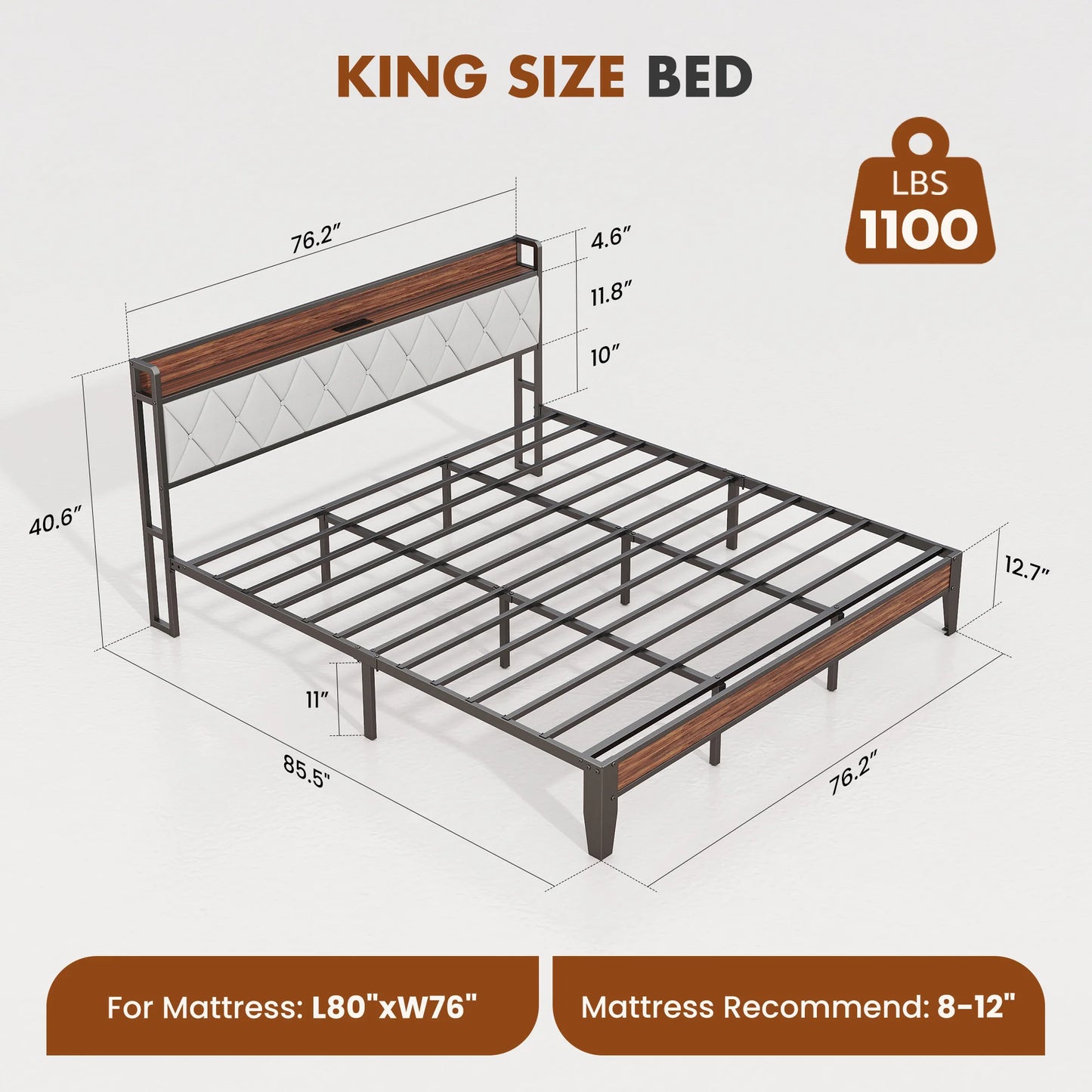 JHK Heavy Duty Metal Bed Frame With Headboard Charging Station 1100lbs Capacity