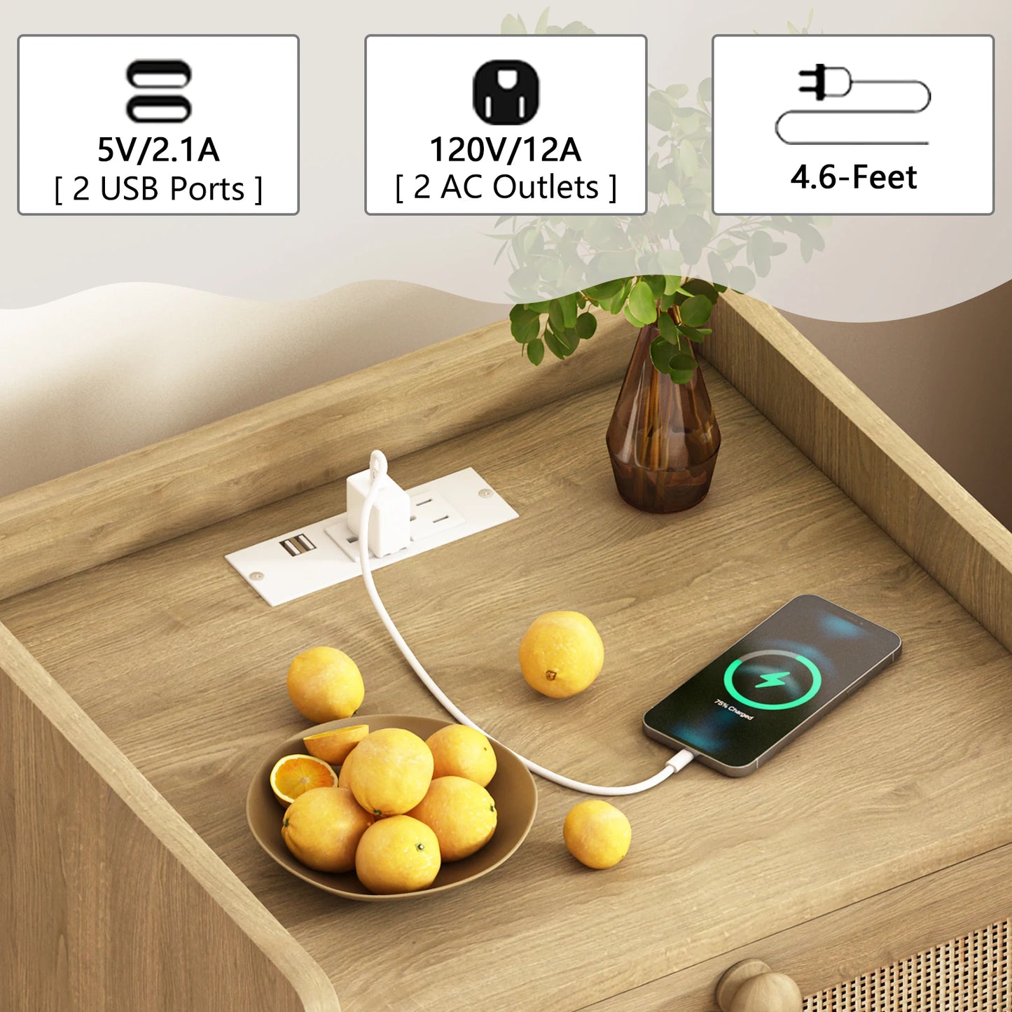 Rattan Nightstand With Charging Station Rustic Bedside Table With 2 Drawers