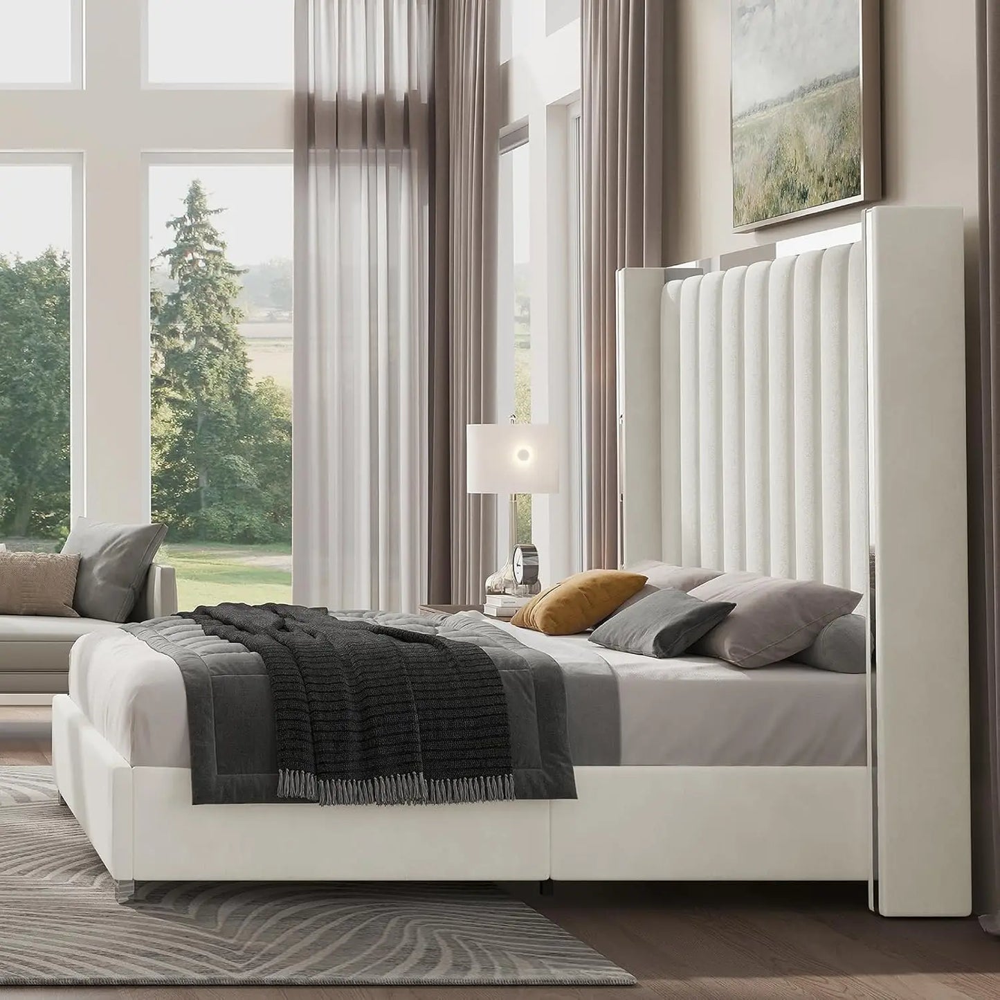 Velvet Platform Bed With Wingback Headboard Upholstered No Box Spring