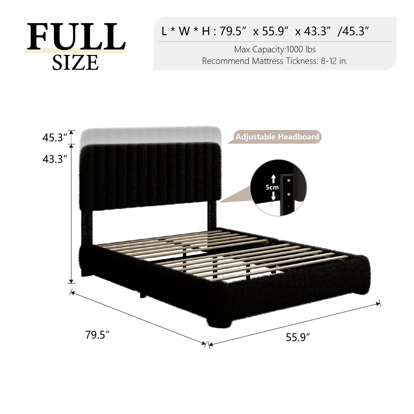 Boucle Upholstered Bed Frame With Adjustable Headboard Platform Bed