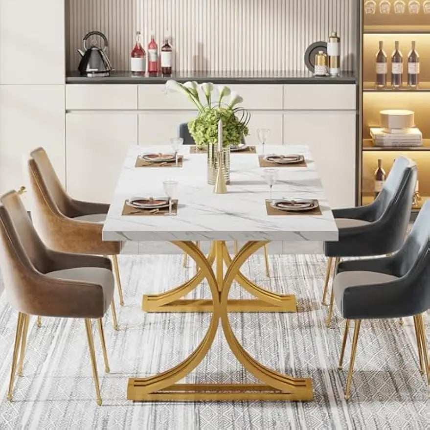 Little Tree Dining Table Faux Marble Top Metal Legs