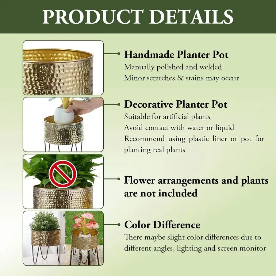 Hammered Metal Planter Pots With Matte Black Wire Stands Two Piece Set