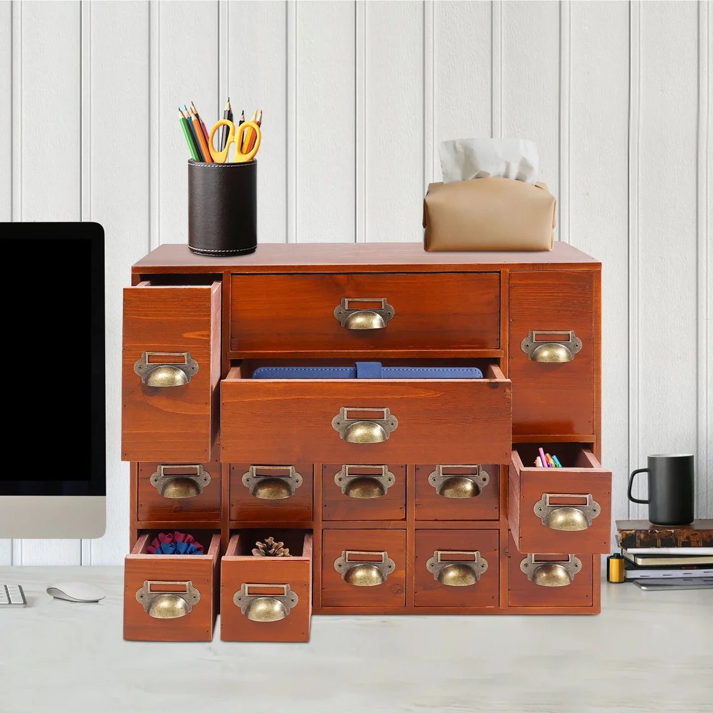 NONECN 14 Drawer Wood Storage Cabinet Office Organizer
