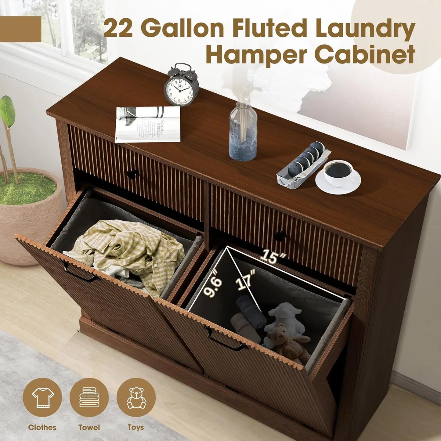 Tilt Out Fluted Laundry Hamper Cabinet Double Hidden Wooden Customized