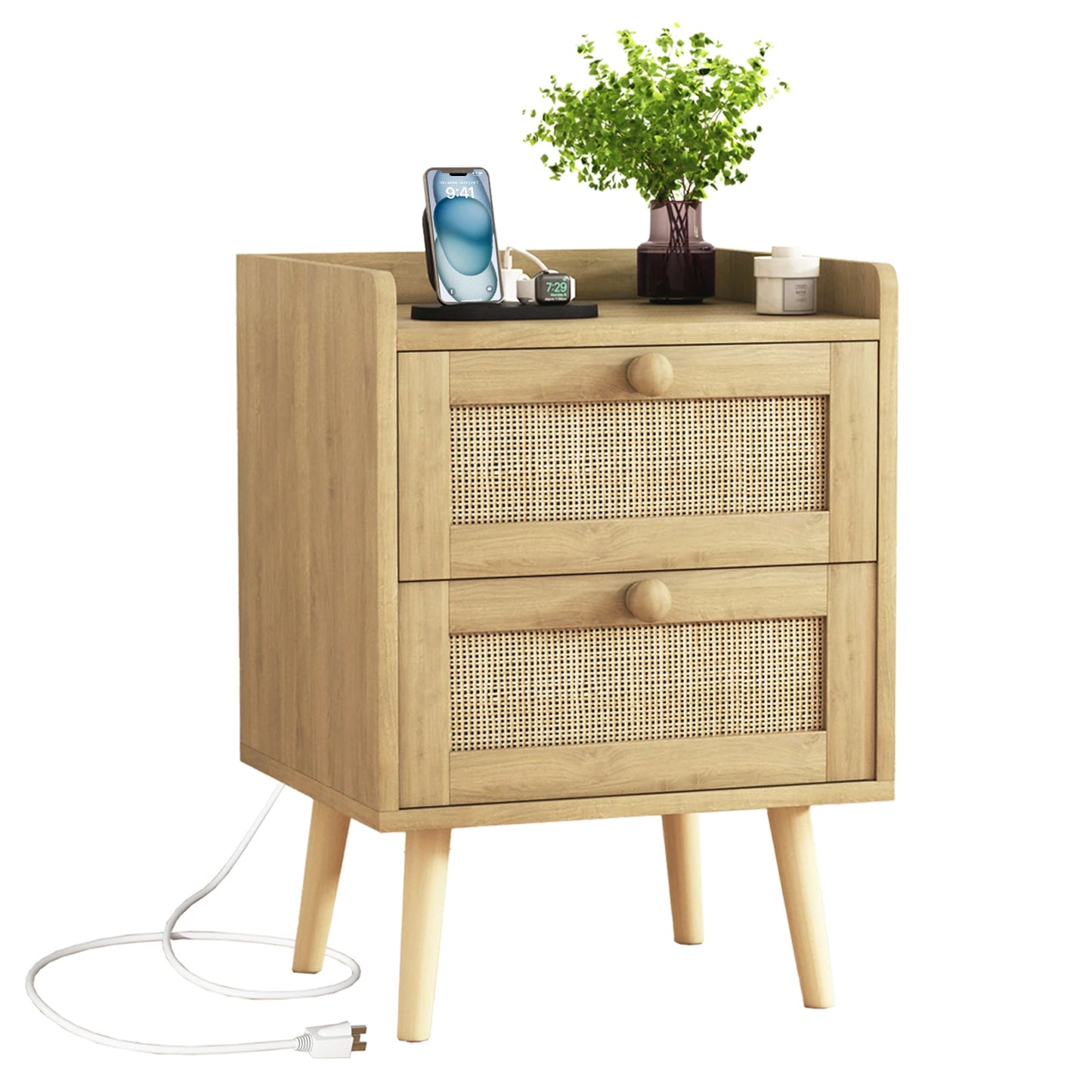 Rattan Nightstand With Charging Station Rustic Bedside Table With 2 Drawers