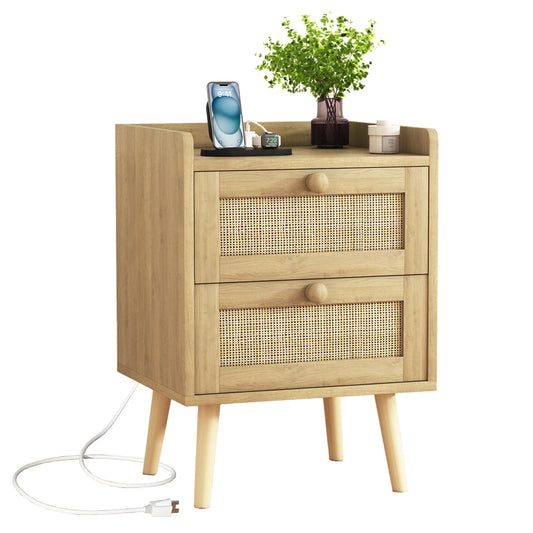 Rattan Nightstand With Charging Station Rustic Bedside Table With 2 Drawers