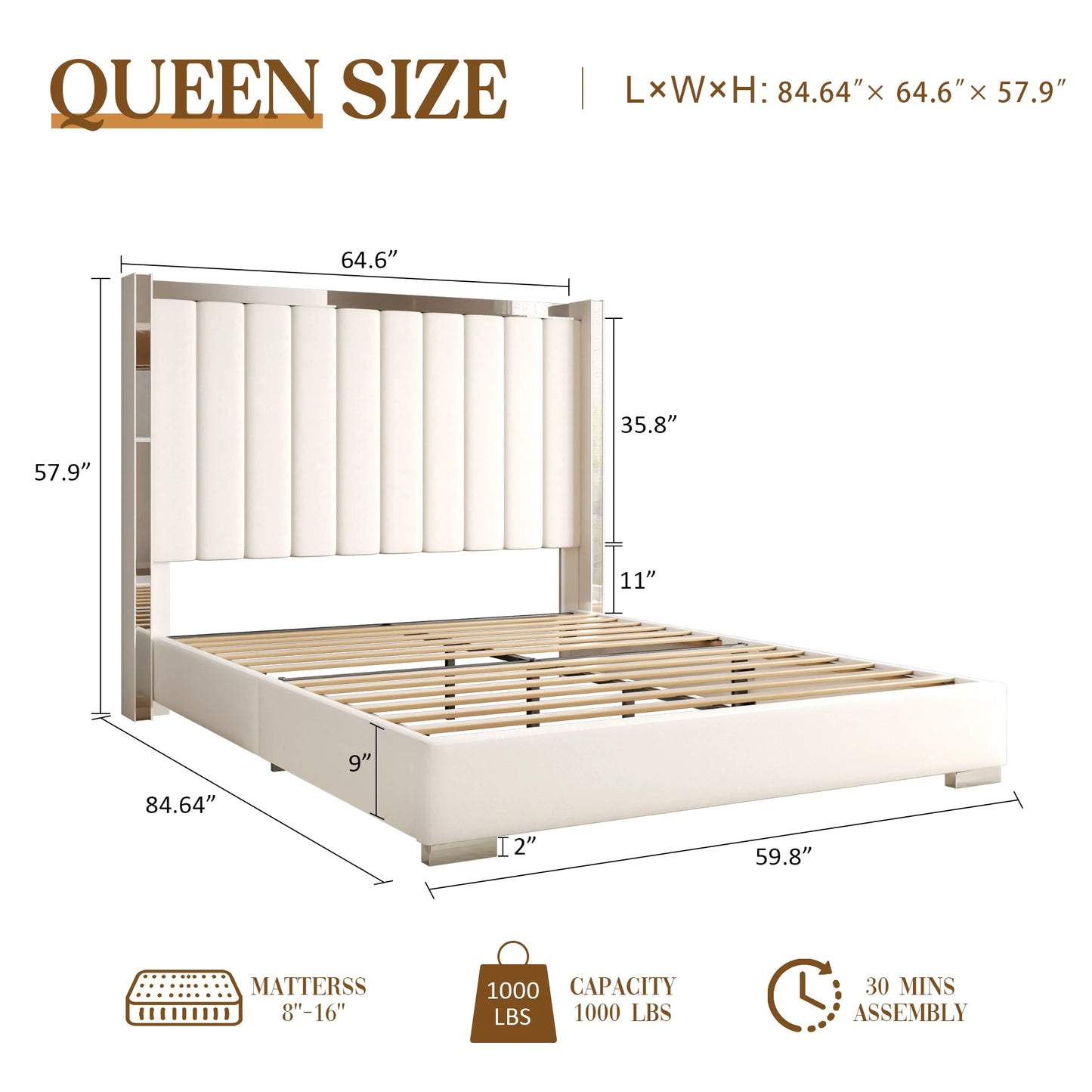 Velvet Platform Bed With Wingback Headboard Upholstered No Box Spring